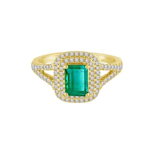 0.7CT. T.W. DIAMOND 1.00CT EMERALD DOUBLE HALO SPLIT SHANK LADYS RING IN 14KT GOLD