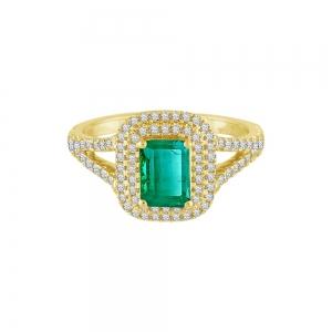 0.7CT. T.W. DIAMOND 1.00CT EMERALD DOUBLE HALO SPLIT SHANK LADYS RING IN 14KT GOLD