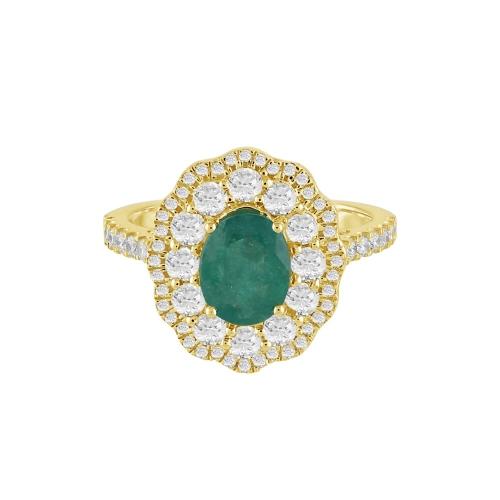 1CT. T.W. DIAMOND 1.00CT EMERALD DOUBLE HALO LADYS RING IN 14KT GOLD