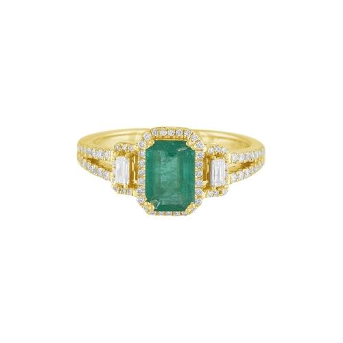 0.42CT. T.W. DIAMOND 1.00CT EMERALD HALO SPLIT SHANK BAGUETTE LADYS RING IN 14KT GOLD