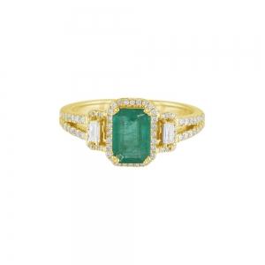 0.42CT. T.W. DIAMOND 1.00CT EMERALD HALO SPLIT SHANK BAGUETTE LADYS RING IN 14KT GOLD