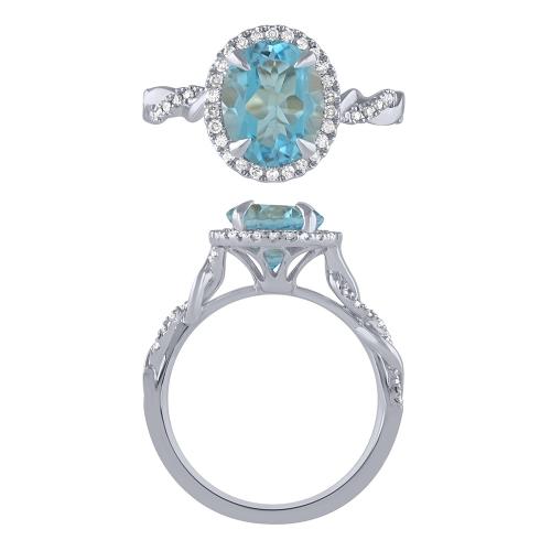 Oval Blue Topaz and Diamond Halo Ring - 0.20 Ct. T.w. in 10K White Gold