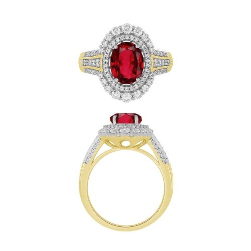 Oval Ruby and Diamond Double Halo Ring - 2.75 Ct. T.w. in 14K Yellow Gold