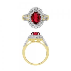 Oval Ruby and Diamond Double Halo Ring - 2.75 Ct. T.w. in 14K Yellow Gold