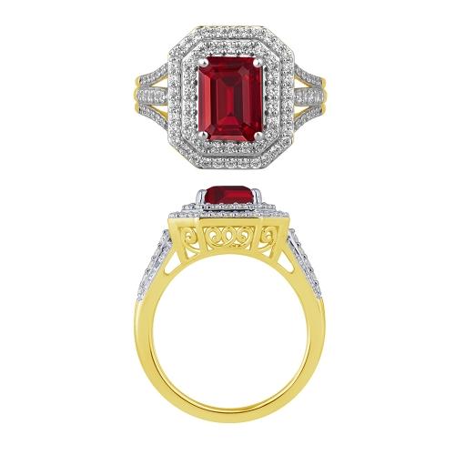 Ruby and Diamond Double Halo Split Shank Ring - 0.75 Ct. T.w. in 14K Yellow Gold