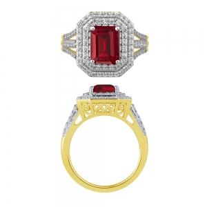 Ruby and Diamond Double Halo Split Shank Ring - 0.75 Ct. T.w. in 14K Yellow Gold