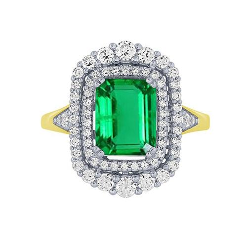 Emerald and Diamond Double Halo Ring - 0.75 Ct. T.w. in 14K Yellow Gold