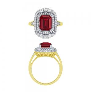 Ovani® Emerald-cut Double Halo Ruby and Diamond Cocktail Ring - 0.75 Ct. T.w. in 14K Yellow Gold