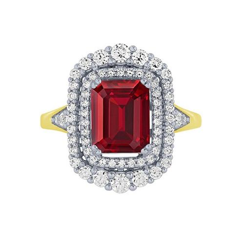 Ovani® Emerald-cut Double Halo Ruby and Diamond Cocktail Ring - 0.75 Ct. T.w. in 14K Yellow Gold