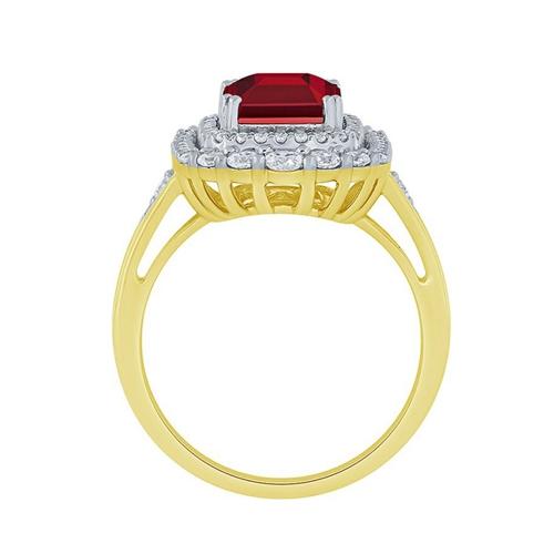 Ovani® Emerald-cut Double Halo Ruby and Diamond Cocktail Ring - 0.75 Ct. T.w. in 14K Yellow Gold