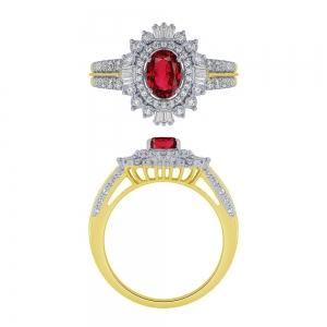 Oval Ruby Double Halo with Baguette Accents Split Shank Ring - 0.50 Ct. T.w. in 14K Yellow Gold