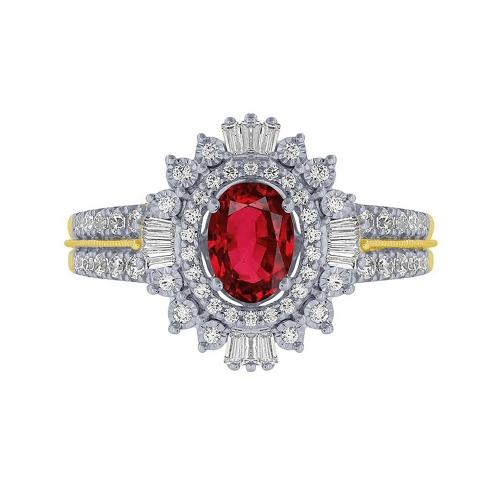 Oval Ruby Double Halo with Baguette Accents Split Shank Ring - 0.50 Ct. T.w. in 14K Yellow Gold