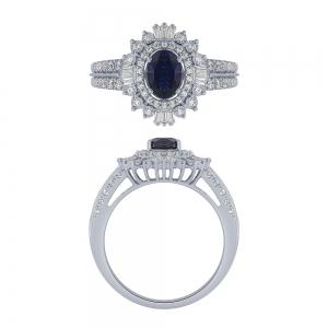 Oval Sapphire Double Halo with Baguette Accents Split Shank Ring - 0.50 Ct. T.w. in 14K White Gold