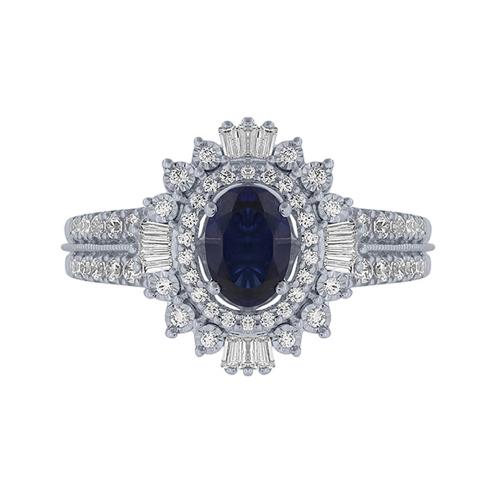Oval Sapphire Double Halo with Baguette Accents Split Shank Ring - 0.50 Ct. T.w. in 14K White Gold
