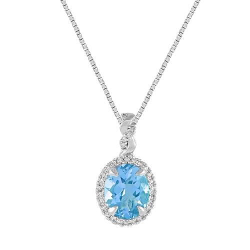 Oval Blue Topaz Halo Twist Diamond Pendant - 0.16 Ct. T.w. in 10K White Gold