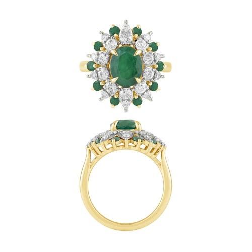 Ovani® Emerald Floral Diamond Cocktail Ring - 0.90 Ct. T.w. in 14K Yellow Gold