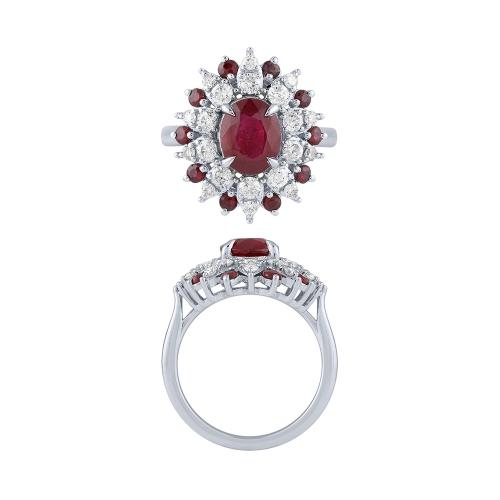 Ruby and Diamond Floral Cluster Ring - 0.90 Ct. T.w. in 14K White Gold