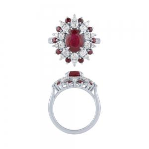 Ruby and Diamond Floral Cluster Ring - 0.90 Ct. T.w. in 14K White Gold