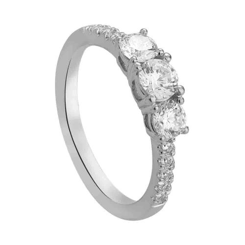 3-Stone Round Brilliant Diamond Ring with Pave Band - 1 Ct. T.w. in 14K White Gold