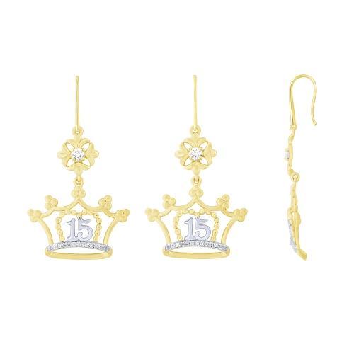 Sweet 15® Floral Crown Quinceanera Fish Hook Backing Drop Earrings - 0.25 Ct. T.w. in 14K Yellow White Gold