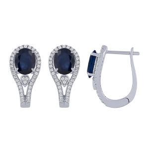 Oval Sapphire Teardrop Halo Diamond Huggie Hoops - 3.15 Ct. T.w. in 14K White Gold