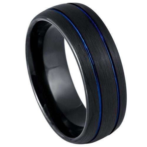Dome Black IP Tungsten, Two Blue IP Grooves - 8MM Band