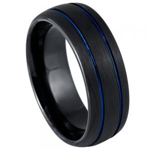 Dome Black IP Tungsten, Two Blue IP Grooves - 8MM Band